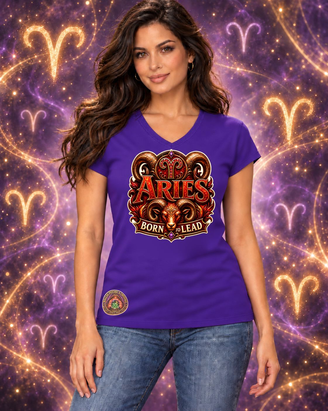 Purple Aries zodiac women's V-neck T-shirt, front view with “Born to Lead” artwork; AI-generated preview.