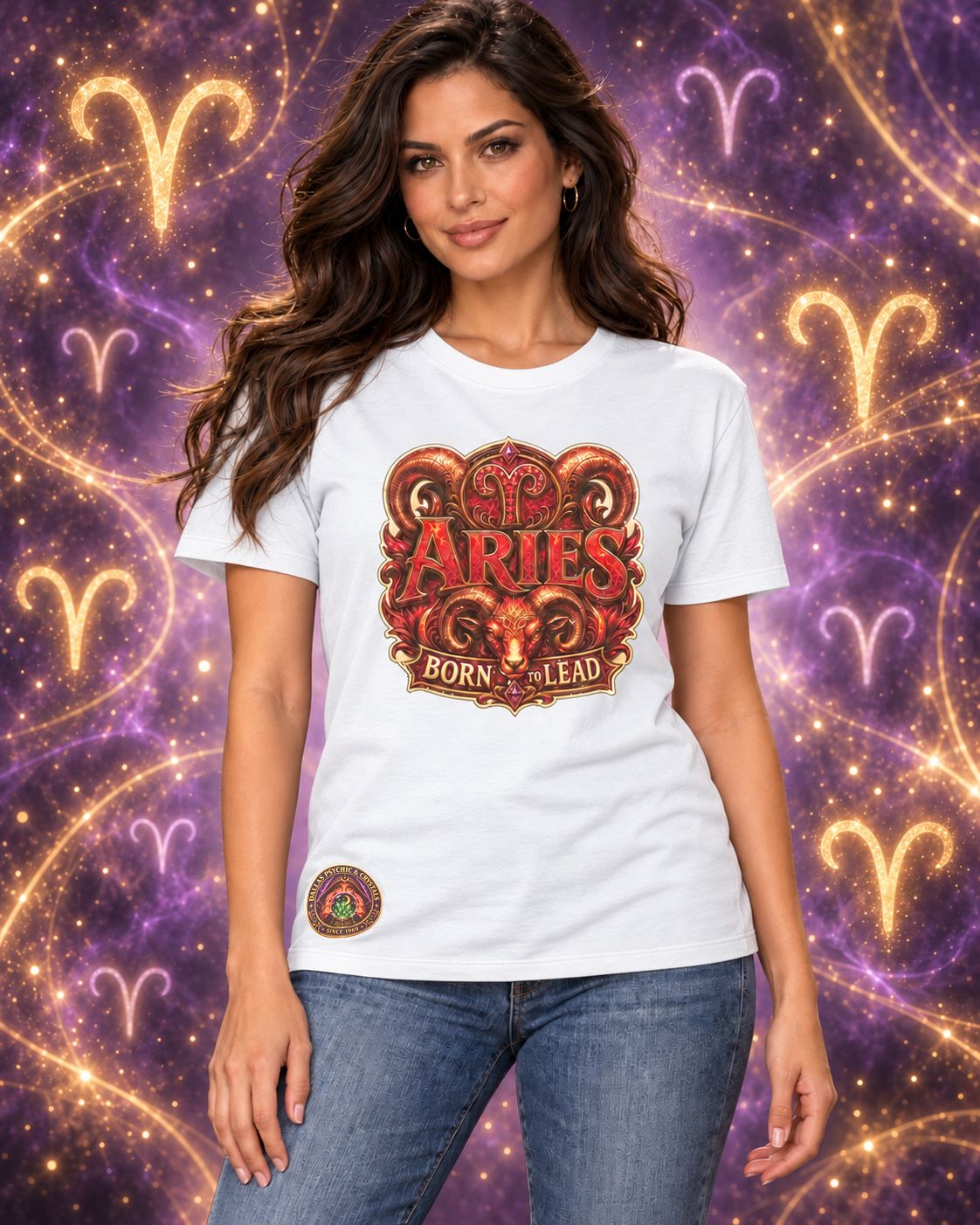 White Aries zodiac crew-neck T-shirt, front view with “Born to Lead” artwork; AI-generated preview.