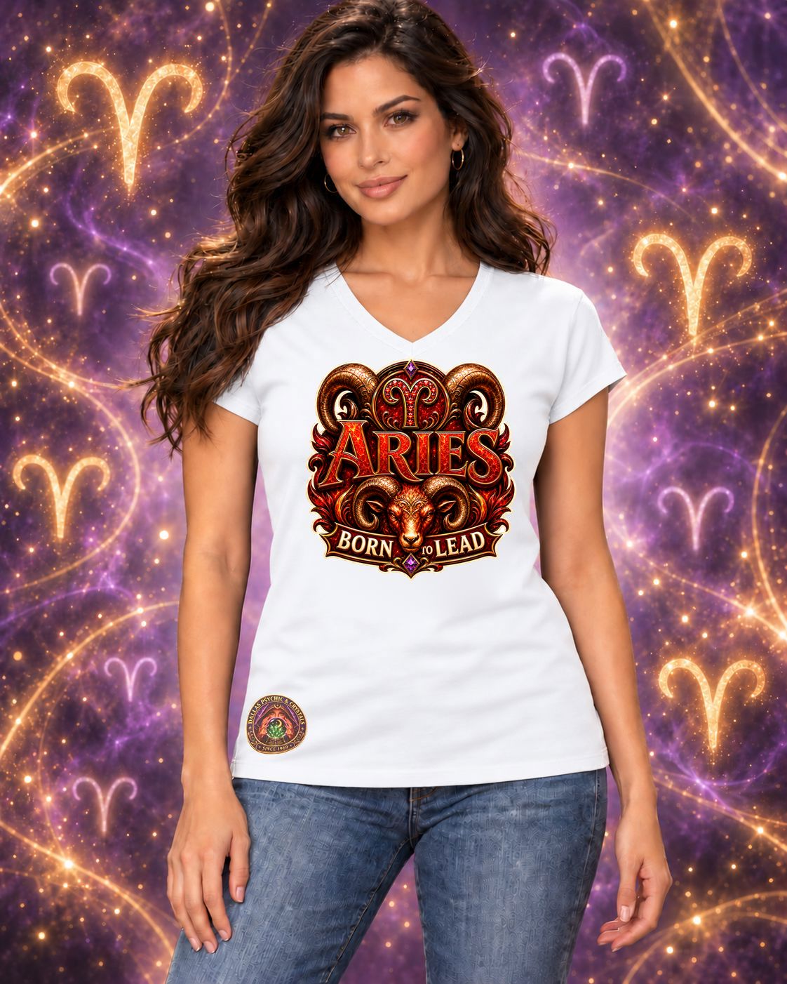 White Aries zodiac women's V-neck T-shirt, front view with “Born to Lead” artwork; AI-generated preview.