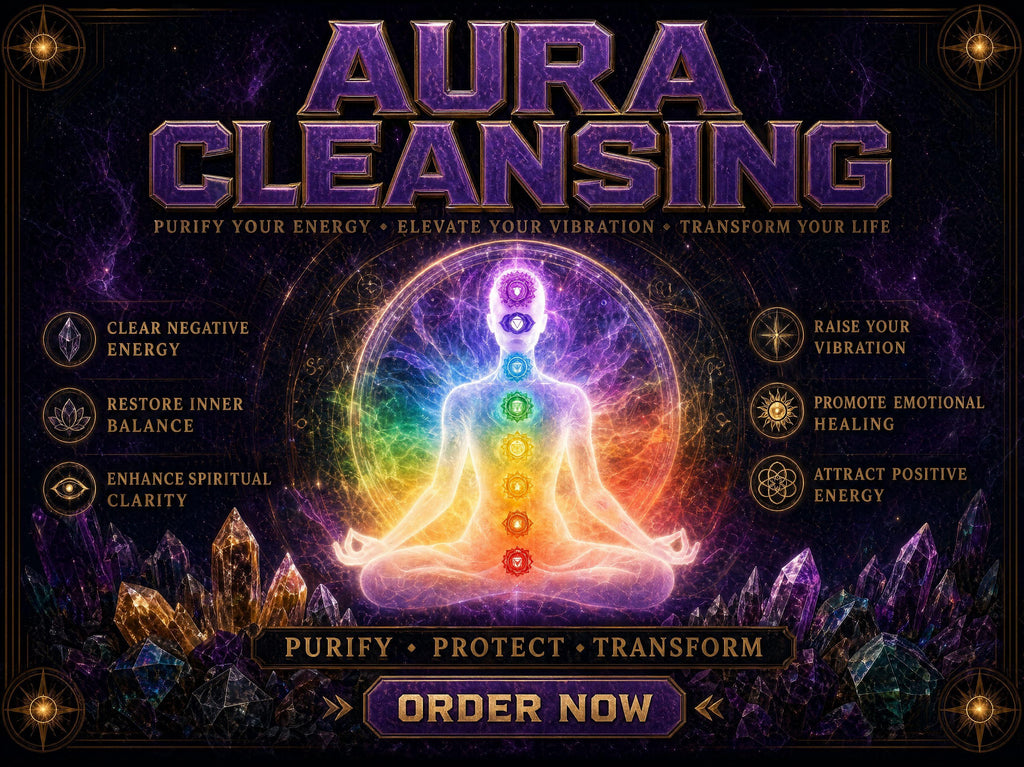 Aura cleansing banner with a meditating figure surrounded by a rainbow aura and the seven chakra points, listing benefits like clearing negative energy and restoring inner balance.
