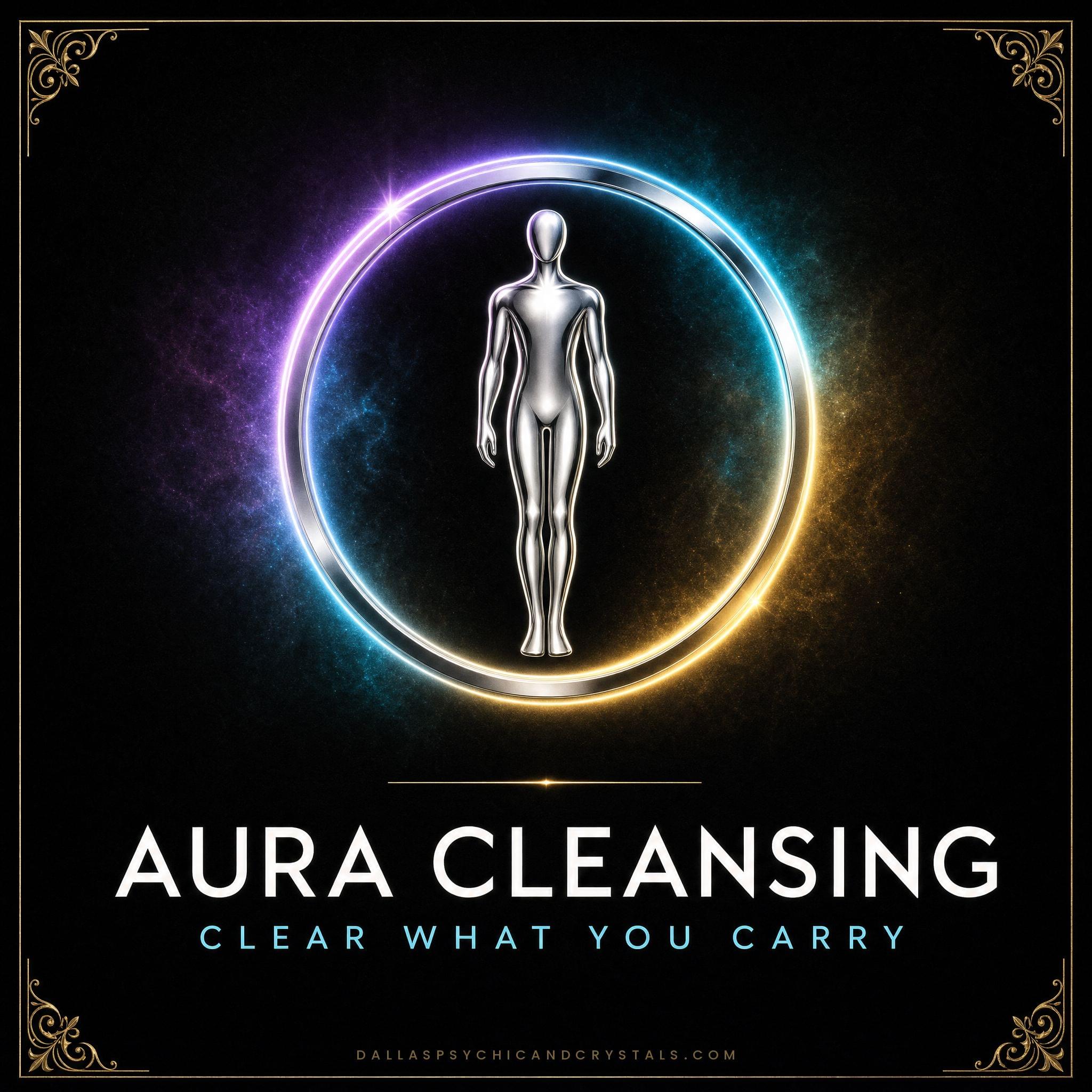 Aura Cleansing emblem: a silver human figure inside a glowing iridescent ring, framed in gold on deep black, captioned clear what you carry.