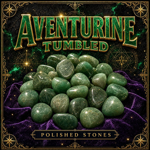 Scattered tumbled green aventurine stones, smooth and polished with soft sage to deep green mottling.
