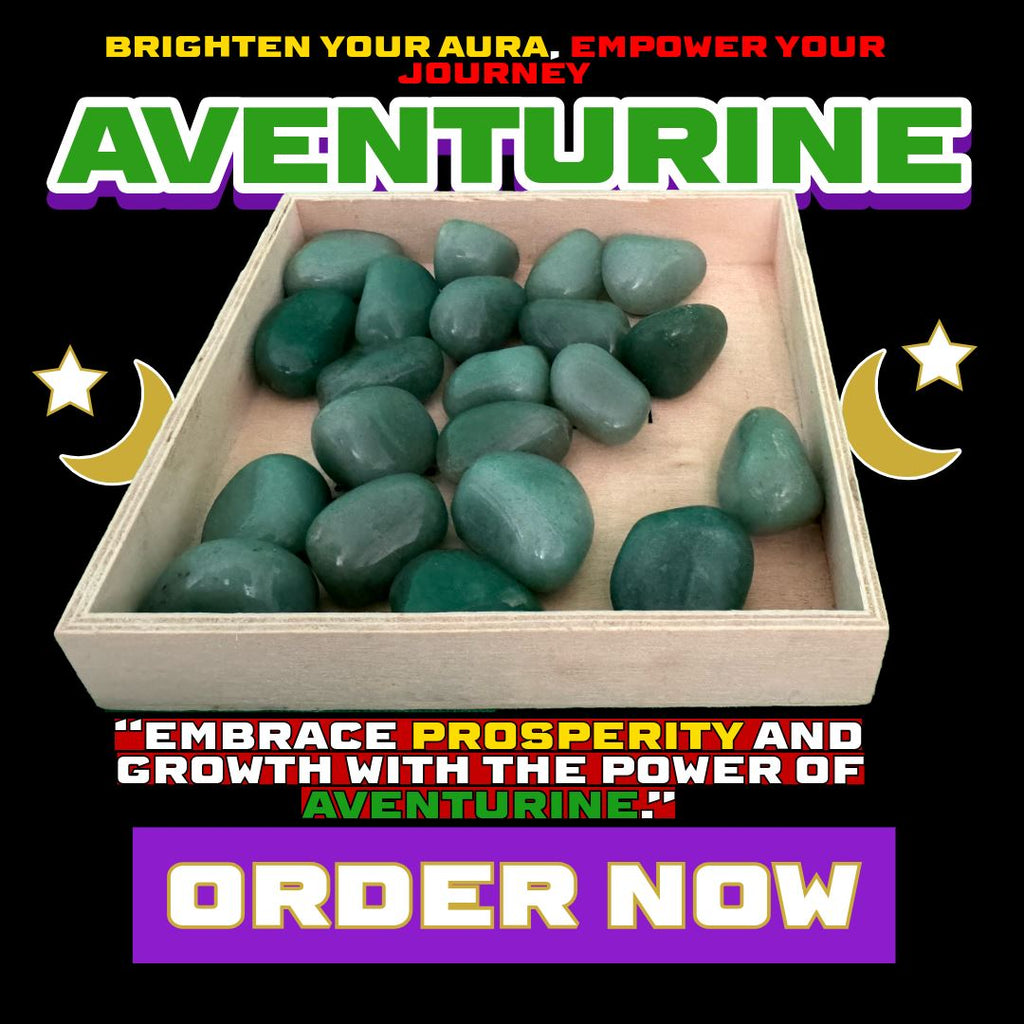 Tumbled green aventurine stones stacked in a light wood tray, glowing under mystical lighting. Surrounded by stars and crescent moons with bold cosmic text: “Brighten Your Aura, Empower Your Journey – Aventurine Tumbled Stones.” A purple “Order Now” button anchors the bottom.DALLAS PSYCHIC AND CRYSTALS