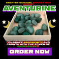 Tumbled green aventurine stones stacked in a light wood tray, glowing under mystical lighting. Surrounded by stars and crescent moons with bold cosmic text: “Brighten Your Aura, Empower Your Journey – Aventurine Tumbled Stones.” A purple “Order Now” button anchors the bottom.DALLAS PSYCHIC AND CRYSTALS