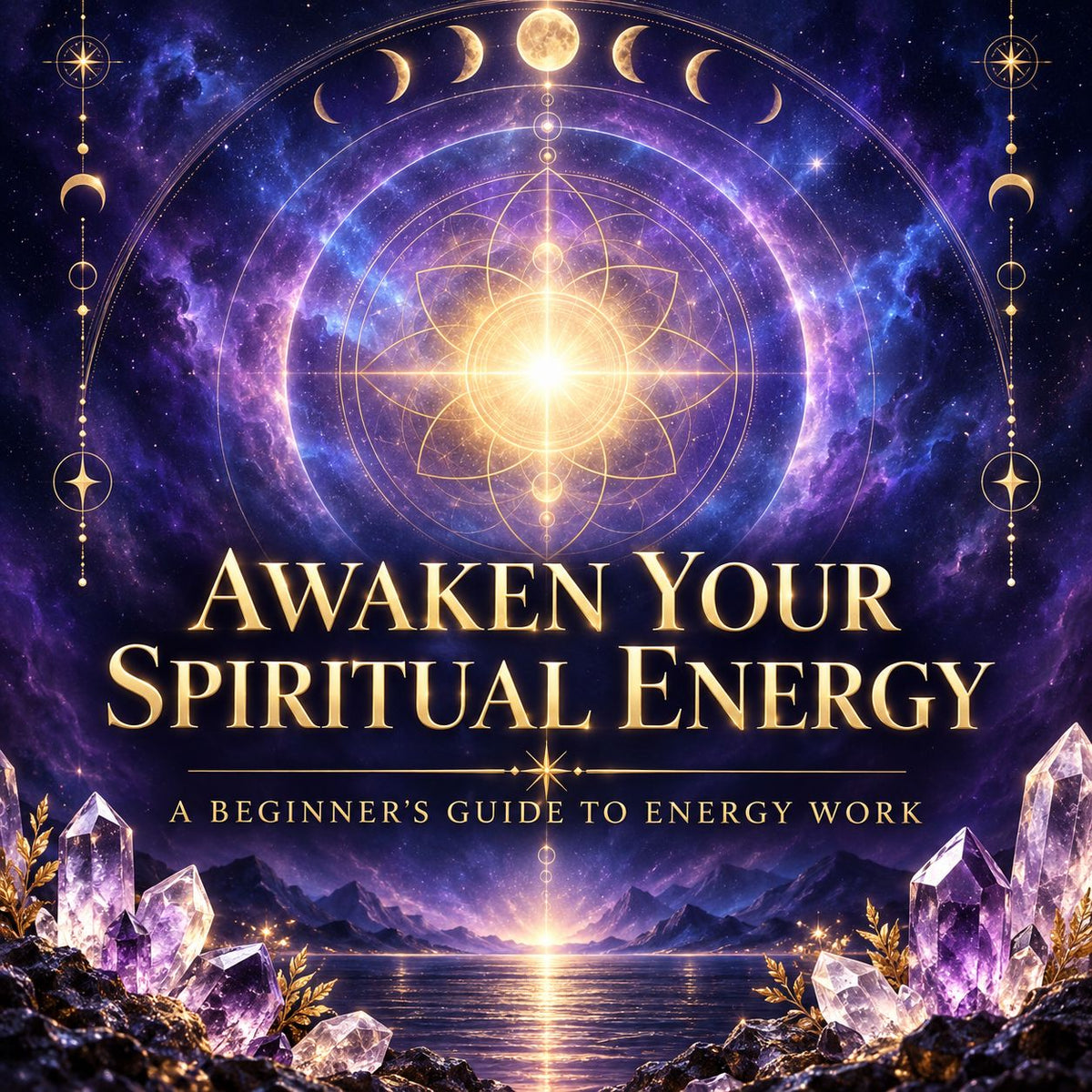 Awaken Your Spiritual Energy eBook cover with a glowing energy motif, moon phases, and crystals against a purple cosmic sky.