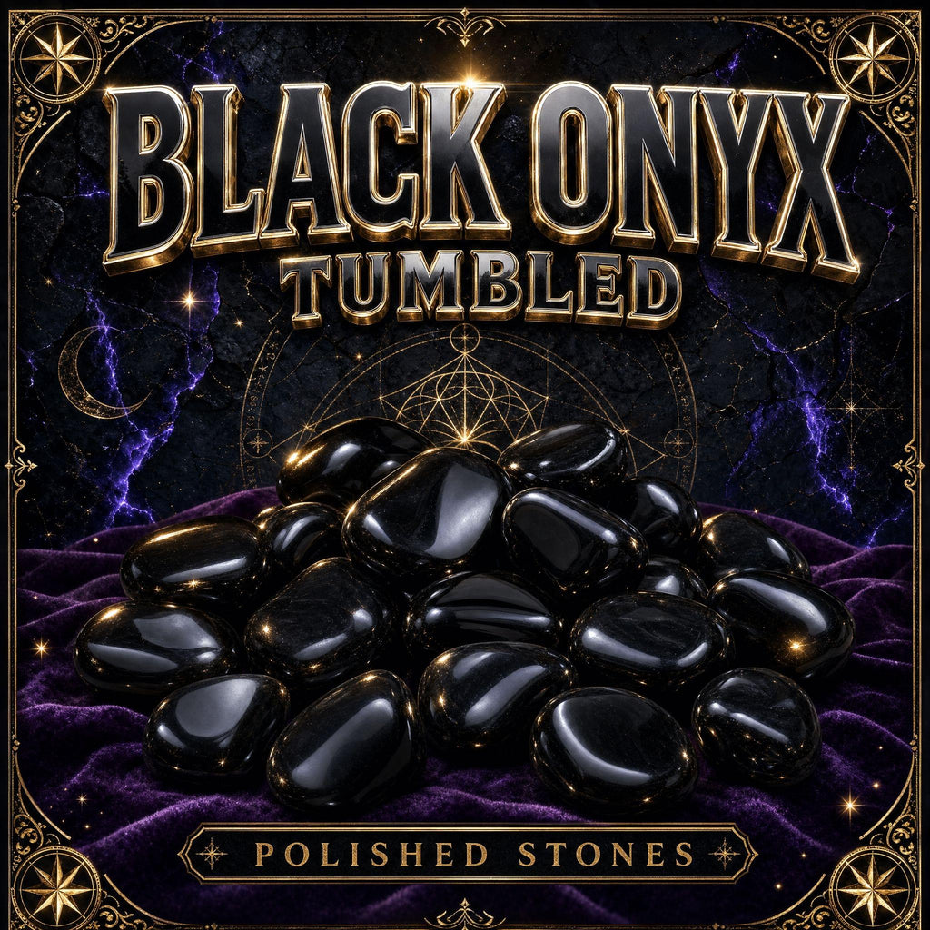 Tumbled black onyx stones, deeply polished jet black with glossy highlights along their edges.