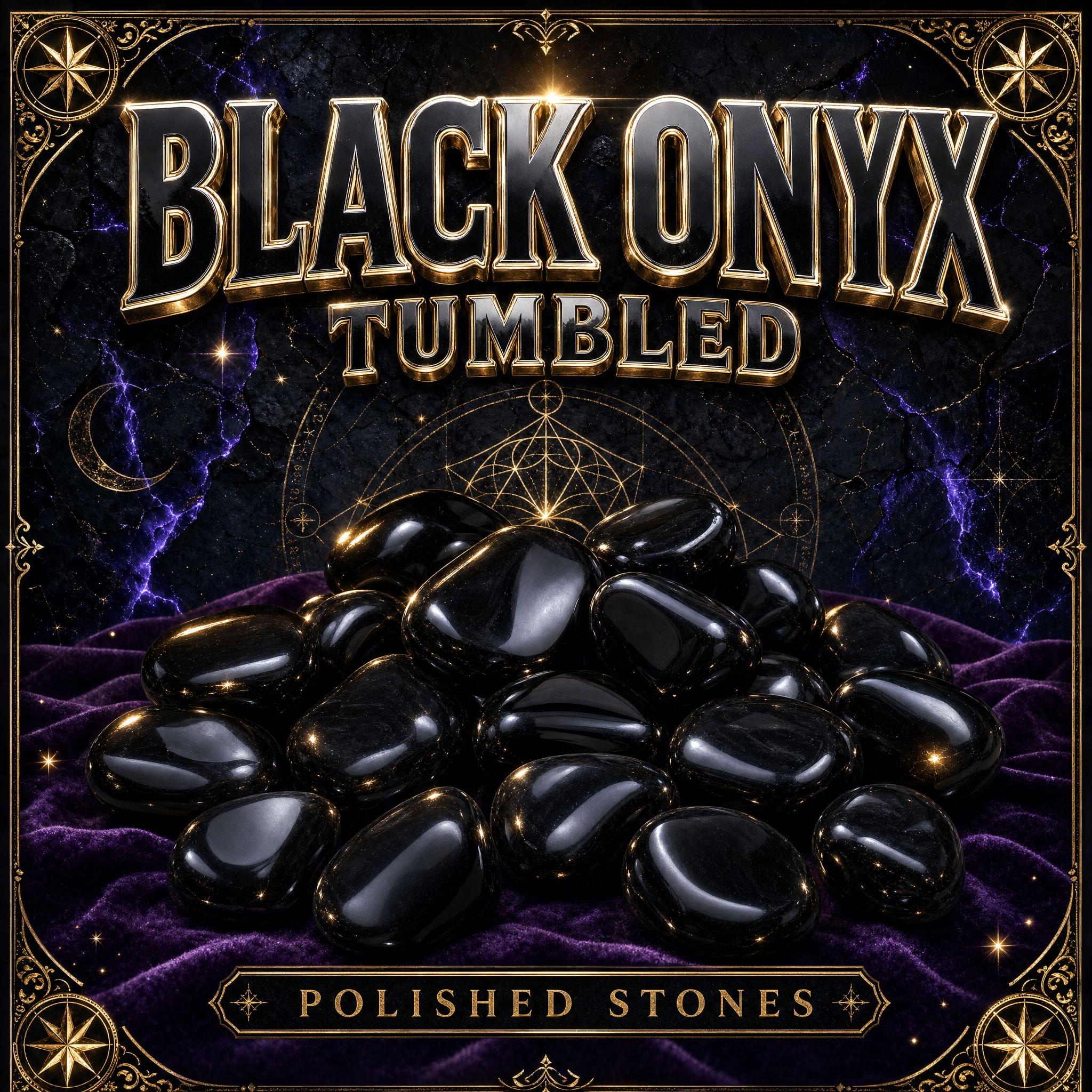 Tumbled black onyx stones, deeply polished jet black with glossy highlights along their edges.