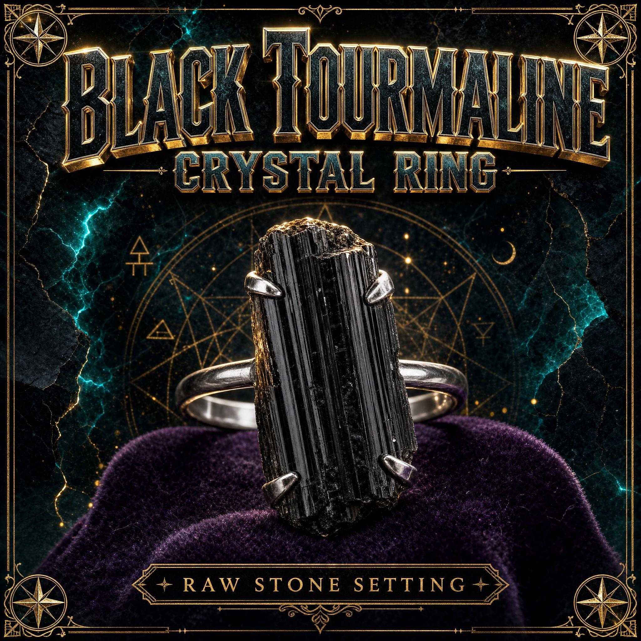 Ring set with a raw black tourmaline crystal in a metal band.