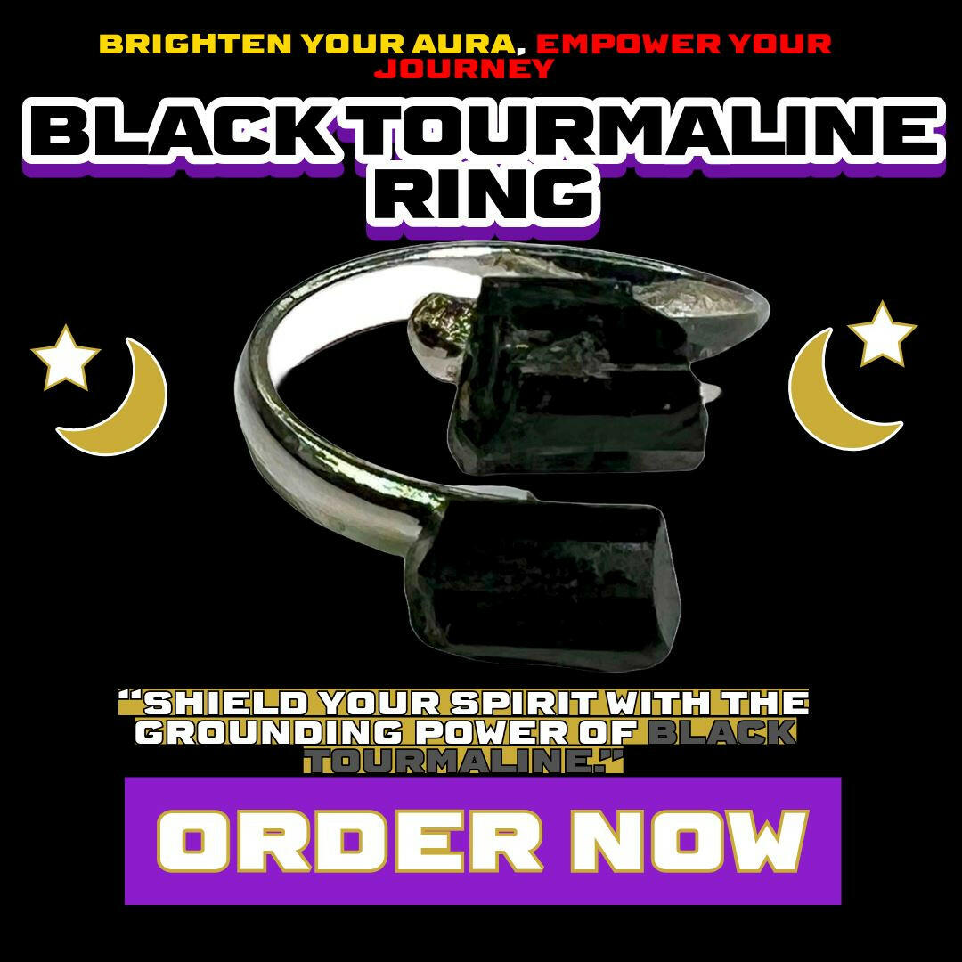 Black Tourmaline crystal ring with raw twin stones and silver adjustable band – spiritual protection, grounding, and aura shielding jewelry from Dallas Psychic & Crystals.