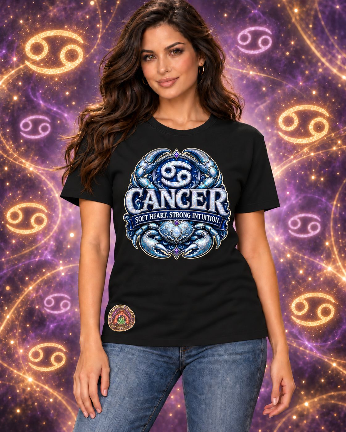 Black Cancer zodiac crew-neck T-shirt, front view with “Soft Heart. Strong Intuition.” artwork; AI-generated preview.