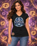 Black Cancer zodiac women's V-neck T-shirt, front view with “Soft Heart. Strong Intuition.” artwork; AI-generated preview.