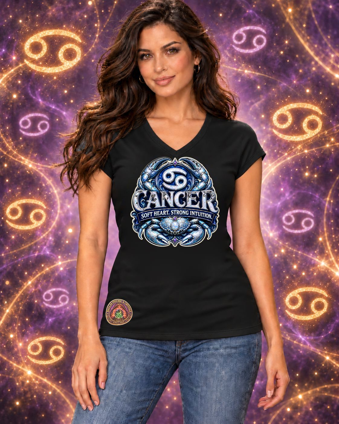 Black Cancer zodiac women's V-neck T-shirt, front view with “Soft Heart. Strong Intuition.” artwork; AI-generated preview.