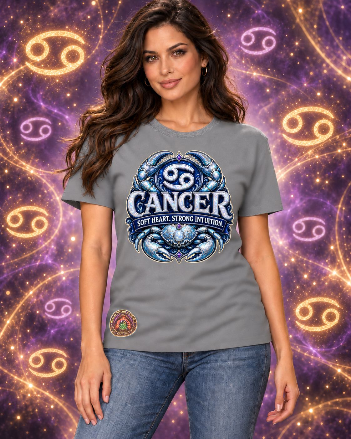 Grey Cancer zodiac crew-neck T-shirt, front view with “Soft Heart. Strong Intuition.” artwork; AI-generated preview.