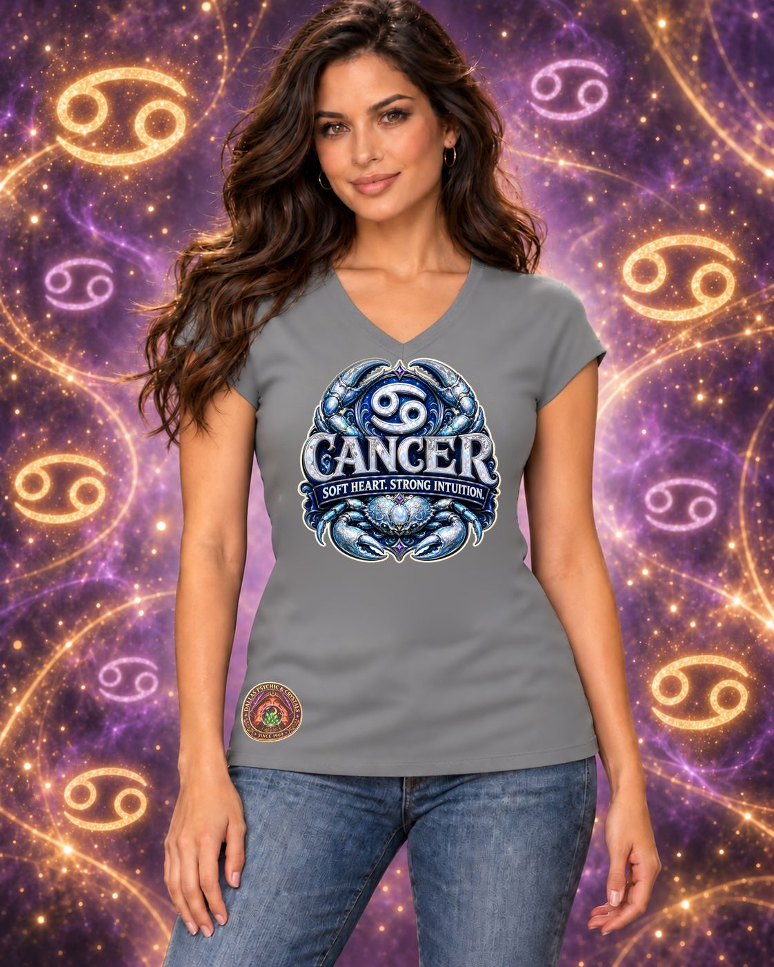 Grey Cancer zodiac women's V-neck T-shirt, front view with “Soft Heart. Strong Intuition.” artwork; AI-generated preview.