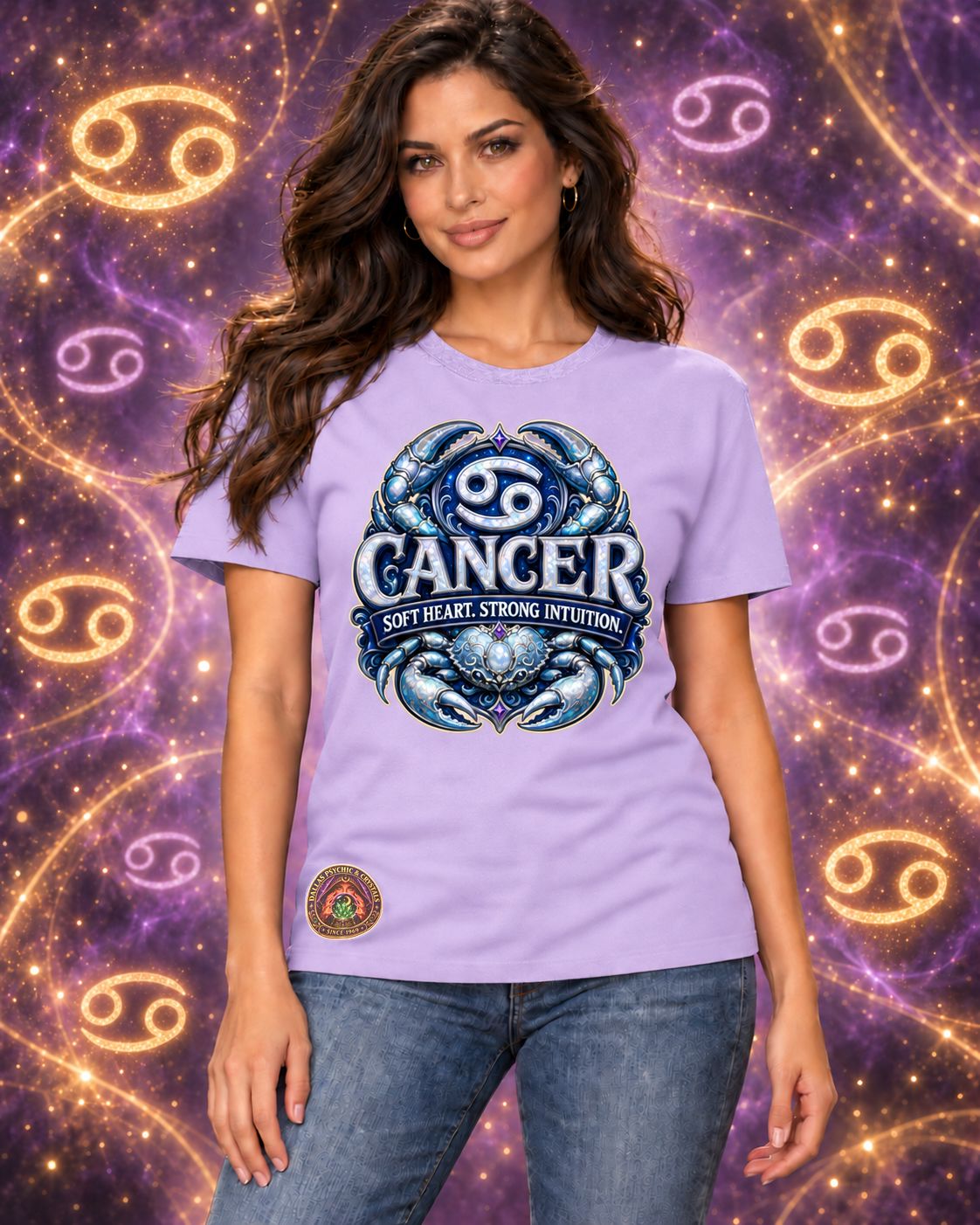 Lavender Cancer zodiac crew-neck T-shirt, front view with “Soft Heart. Strong Intuition.” artwork; AI-generated preview.