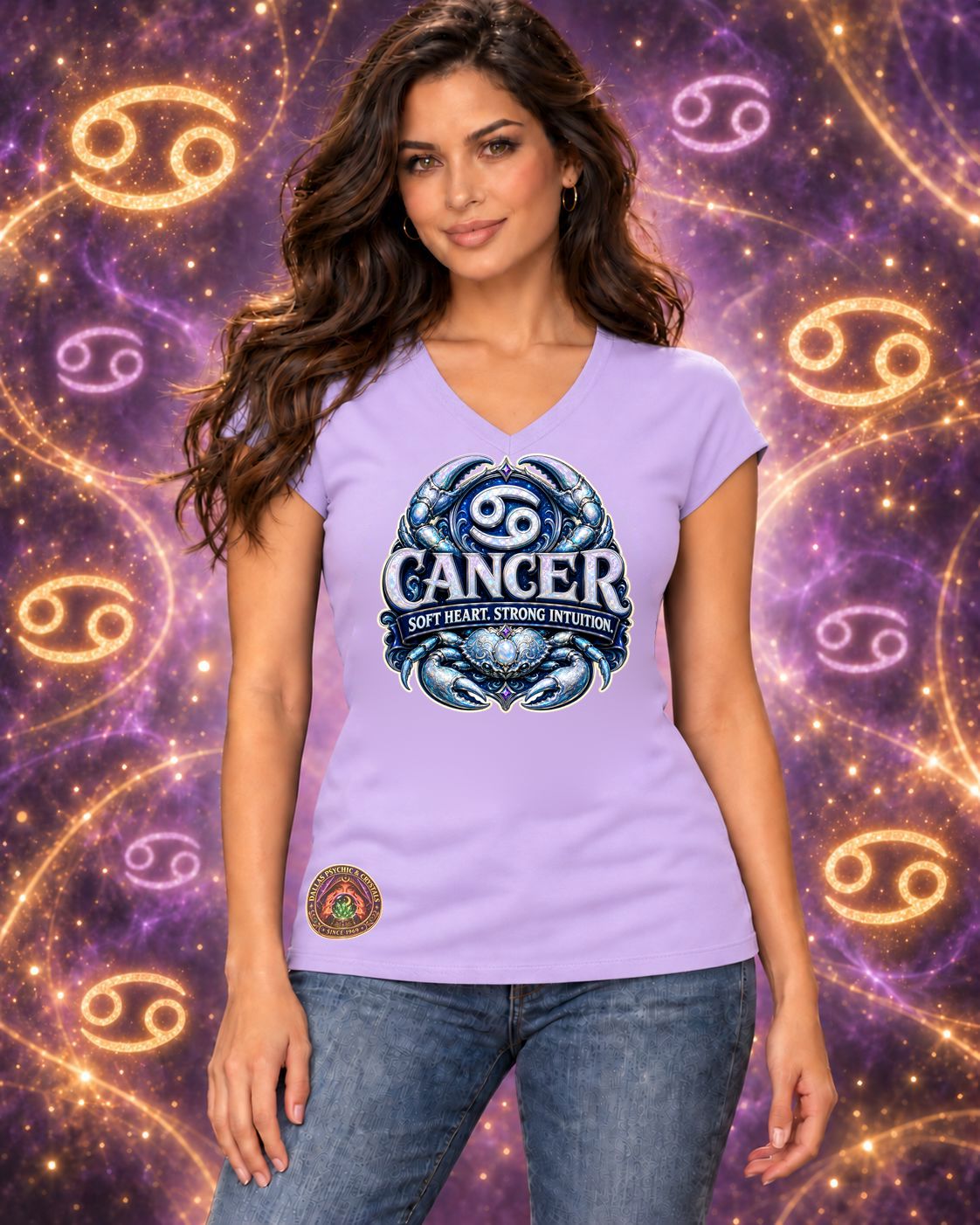 Lavender Cancer zodiac women's V-neck T-shirt, front view with “Soft Heart. Strong Intuition.” artwork; AI-generated preview.