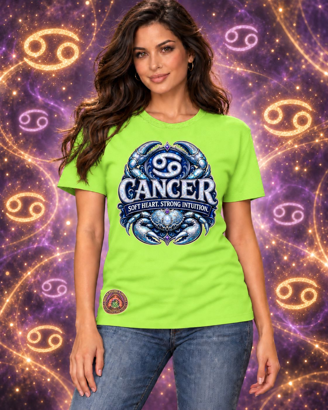 Lime Green Cancer zodiac crew-neck T-shirt, front view with “Soft Heart. Strong Intuition.” artwork; AI-generated preview.