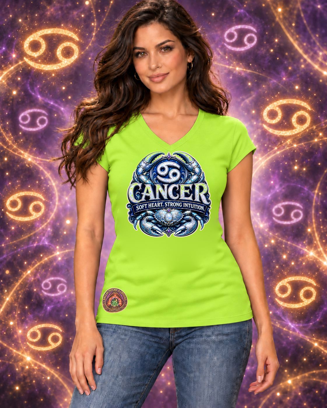 Lime Green Cancer zodiac women's V-neck T-shirt, front view with “Soft Heart. Strong Intuition.” artwork; AI-generated preview.
