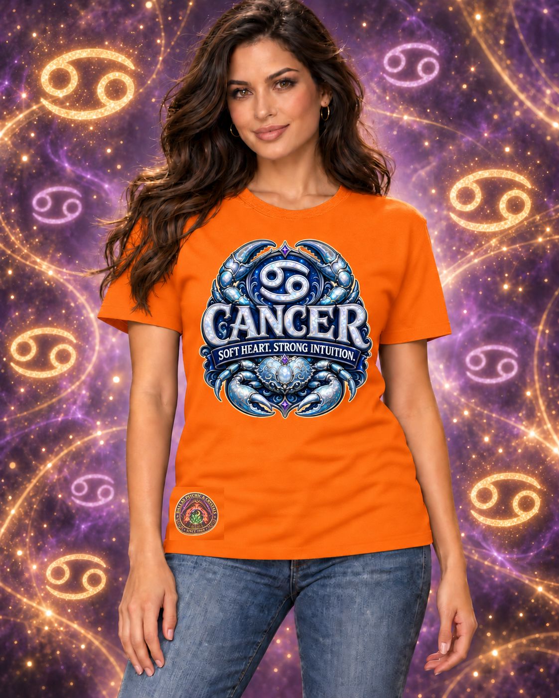 Orange Cancer zodiac crew-neck T-shirt, front view with “Soft Heart. Strong Intuition.” artwork; AI-generated preview.