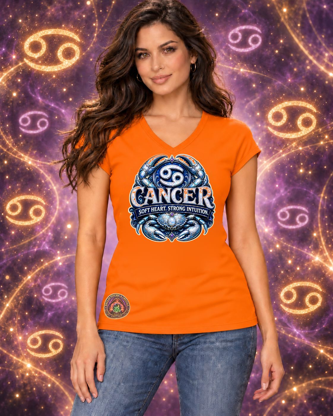 Orange Cancer zodiac women's V-neck T-shirt, front view with “Soft Heart. Strong Intuition.” artwork; AI-generated preview.
