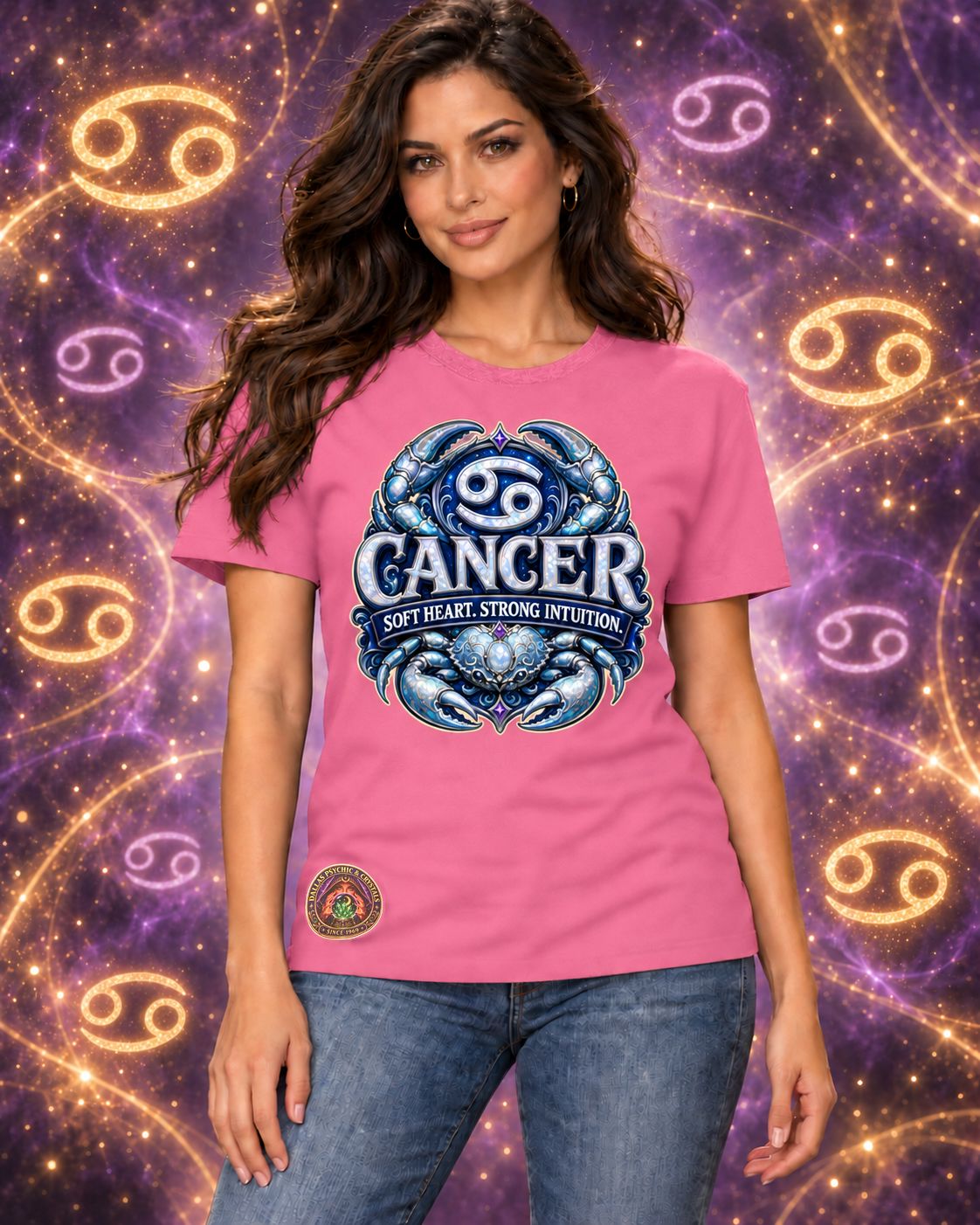 Pink Cancer zodiac crew-neck T-shirt, front view with “Soft Heart. Strong Intuition.” artwork; AI-generated preview.