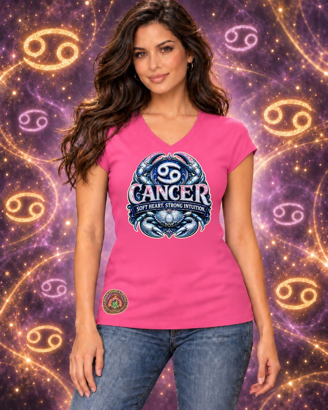 Pink Cancer zodiac women's V-neck T-shirt, front view with “Soft Heart. Strong Intuition.” artwork; AI-generated preview.