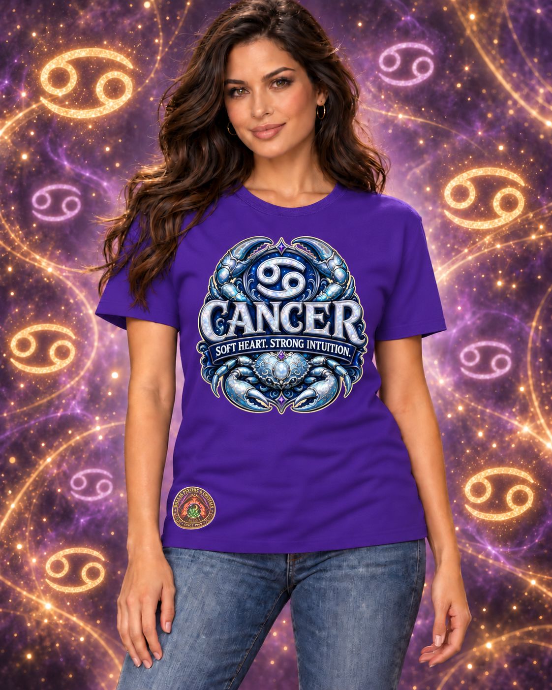 Purple Cancer zodiac crew-neck T-shirt, front view with “Soft Heart. Strong Intuition.” artwork; AI-generated preview.