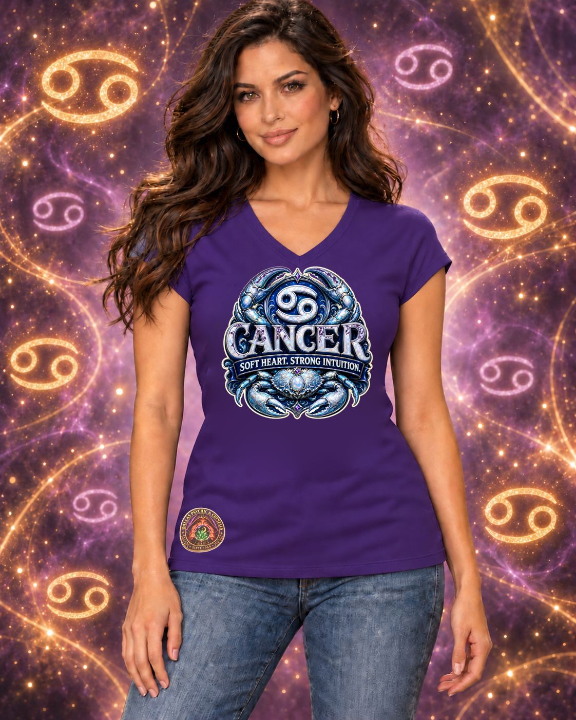 Purple Cancer zodiac women's V-neck T-shirt, front view with “Soft Heart. Strong Intuition.” artwork; AI-generated preview.