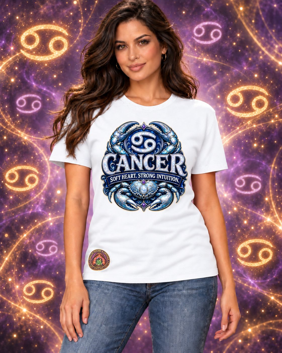 White Cancer zodiac crew-neck T-shirt, front view with “Soft Heart. Strong Intuition.” artwork; AI-generated preview.