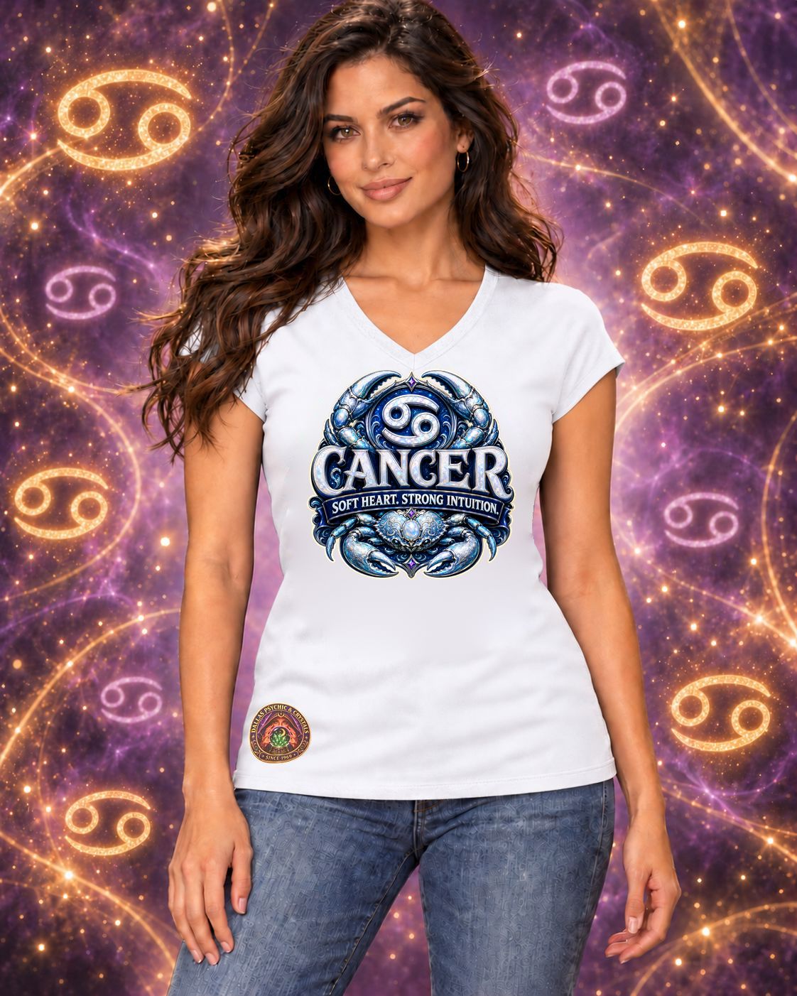White Cancer zodiac women's V-neck T-shirt, front view with “Soft Heart. Strong Intuition.” artwork; AI-generated preview.