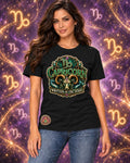 Black Capricorn zodiac crew-neck T-shirt, front view with “Written in the Stars” artwork; AI-generated preview.