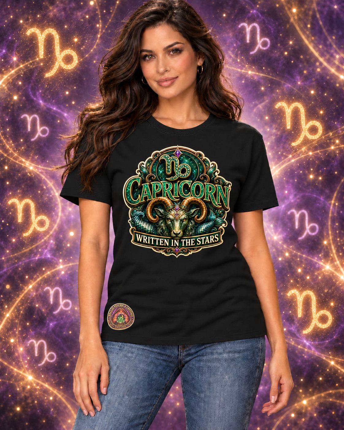 Black Capricorn zodiac crew-neck T-shirt, front view with “Written in the Stars” artwork; AI-generated preview.