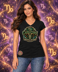 Black Capricorn zodiac women's V-neck T-shirt, front view with “Written in the Stars” artwork; AI-generated preview.