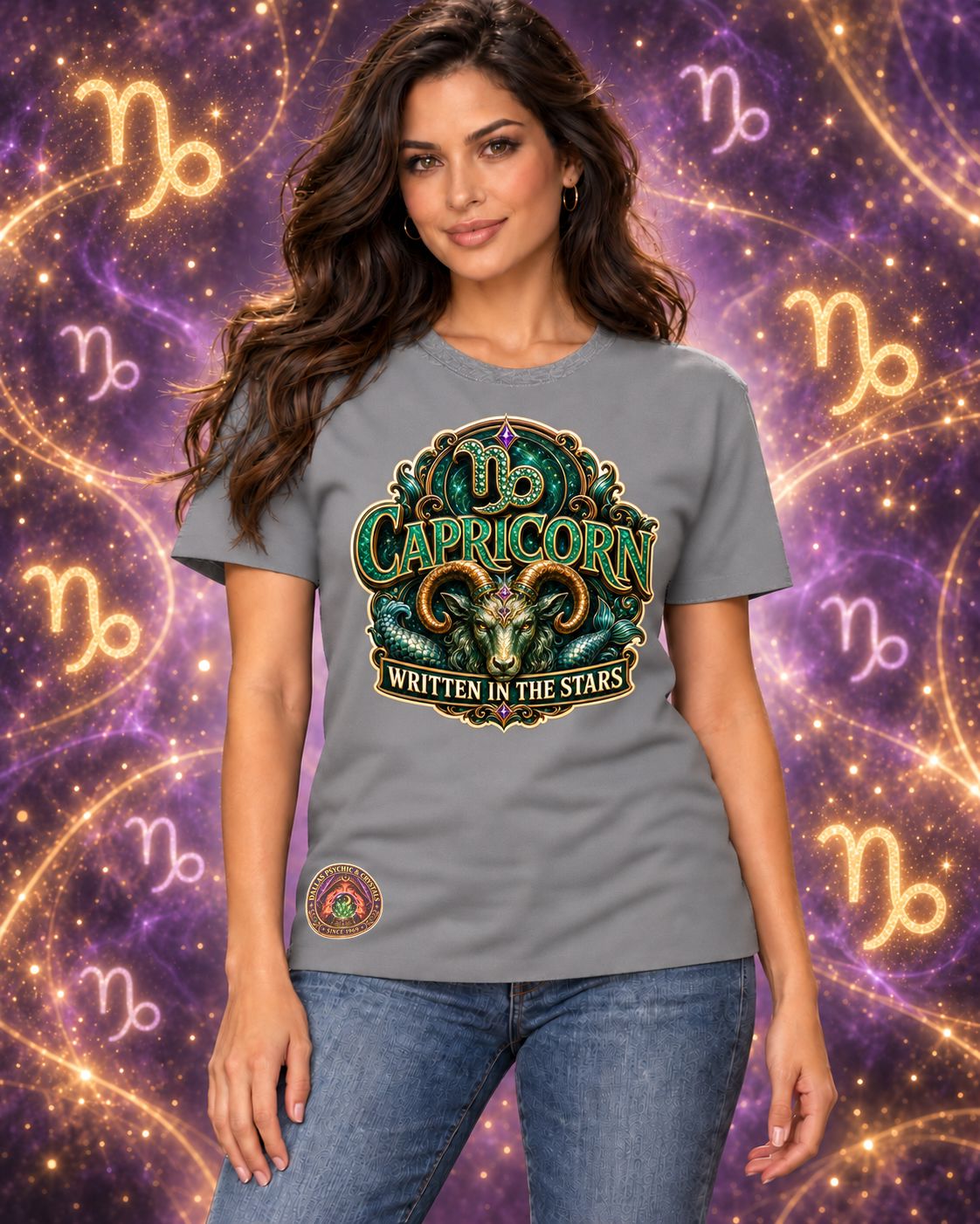 Grey Capricorn zodiac crew-neck T-shirt, front view with “Written in the Stars” artwork; AI-generated preview.