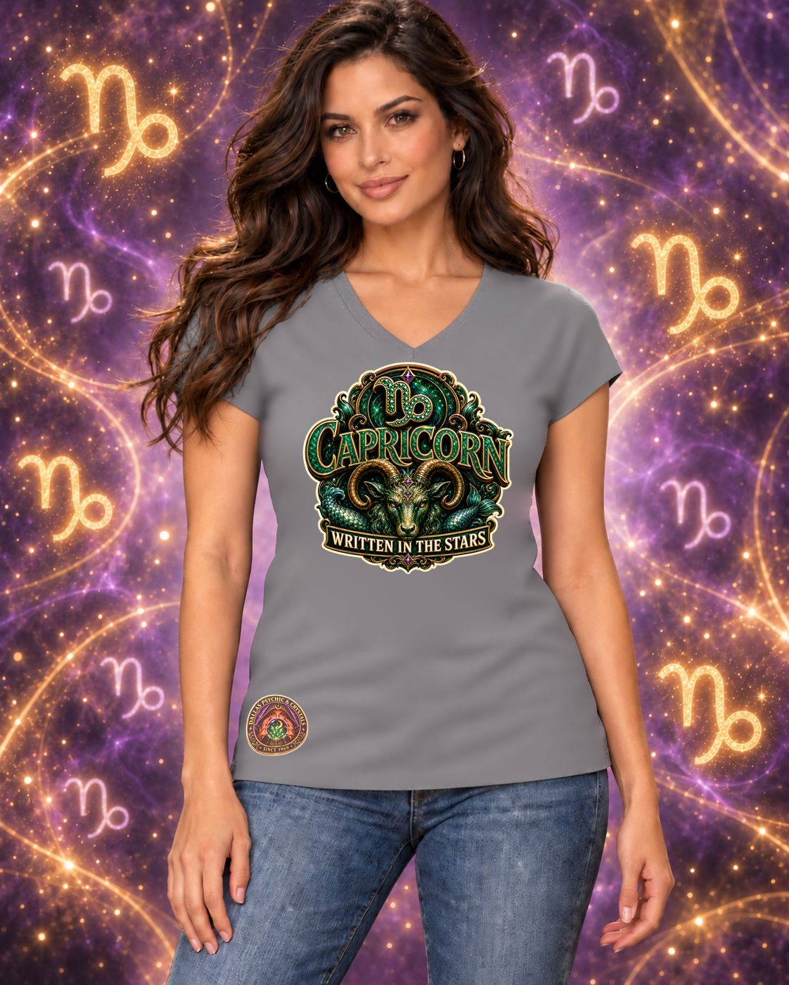 Grey Capricorn zodiac women's V-neck T-shirt, front view with “Written in the Stars” artwork; AI-generated preview.