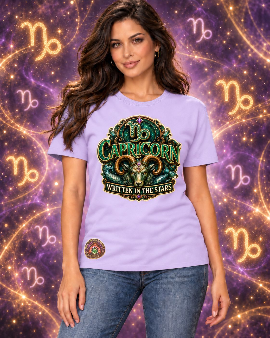 Lavender Capricorn zodiac crew-neck T-shirt, front view with “Written in the Stars” artwork; AI-generated preview.