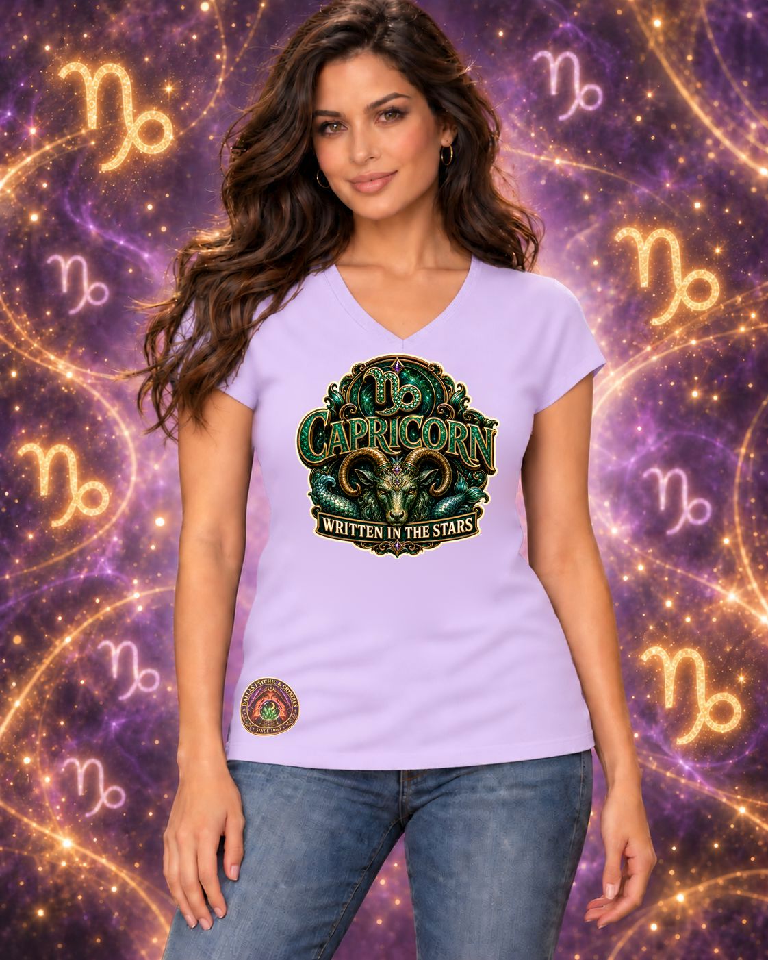 Lavender Capricorn zodiac women's V-neck T-shirt, front view with “Written in the Stars” artwork; AI-generated preview.