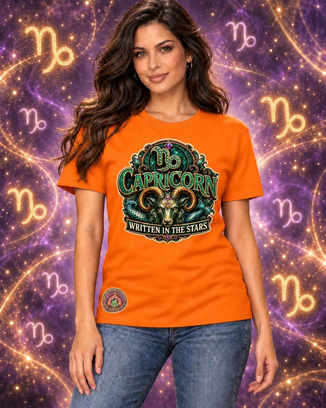 Orange Capricorn zodiac crew-neck T-shirt, front view with “Written in the Stars” artwork; AI-generated preview.