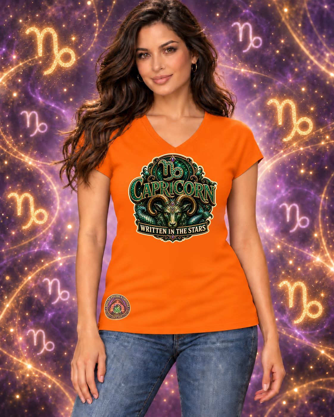 Orange Capricorn zodiac women's V-neck T-shirt, front view with “Written in the Stars” artwork; AI-generated preview.