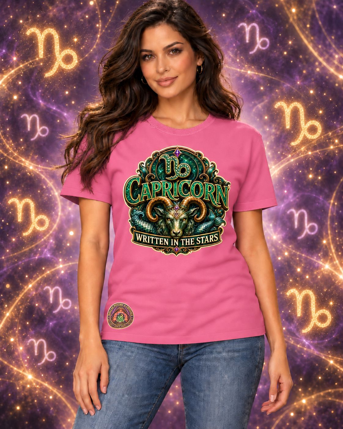 Pink Capricorn zodiac crew-neck T-shirt, front view with “Written in the Stars” artwork; AI-generated preview.