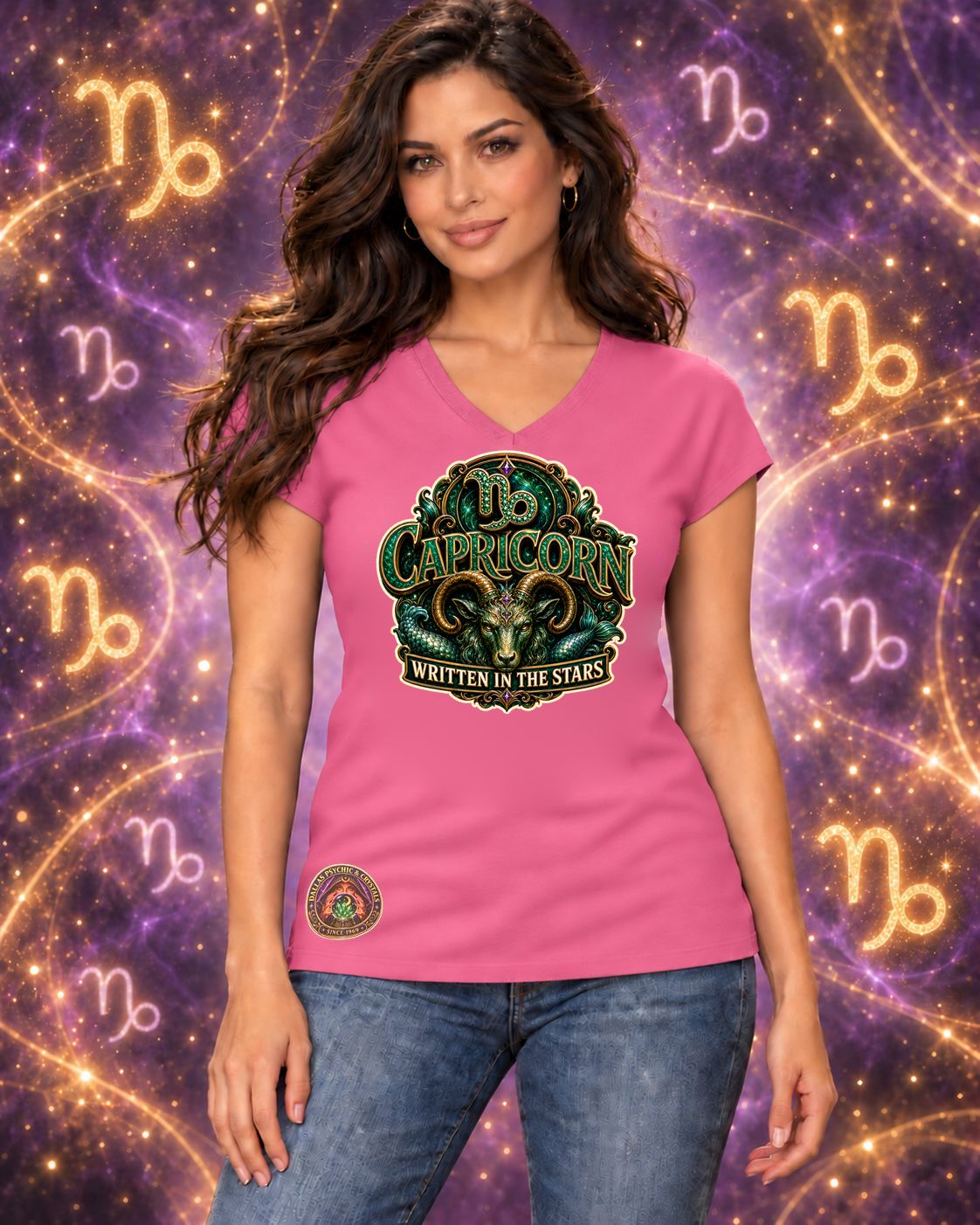 Pink Capricorn zodiac women's V-neck T-shirt, front view with “Written in the Stars” artwork; AI-generated preview.