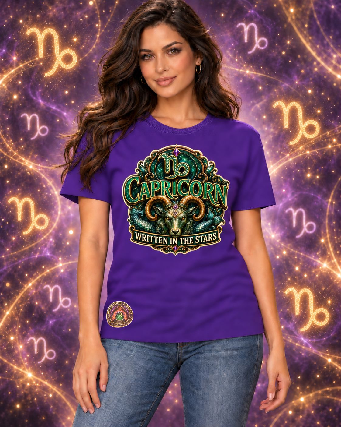 Purple Capricorn zodiac crew-neck T-shirt, front view with “Written in the Stars” artwork; AI-generated preview.
