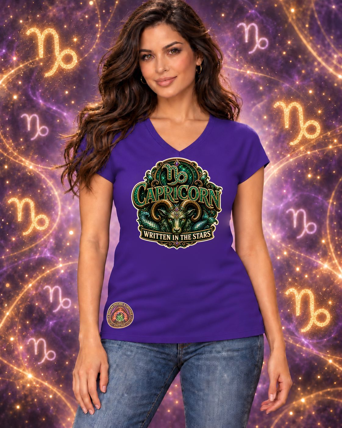 Purple Capricorn zodiac women's V-neck T-shirt, front view with “Written in the Stars” artwork; AI-generated preview.