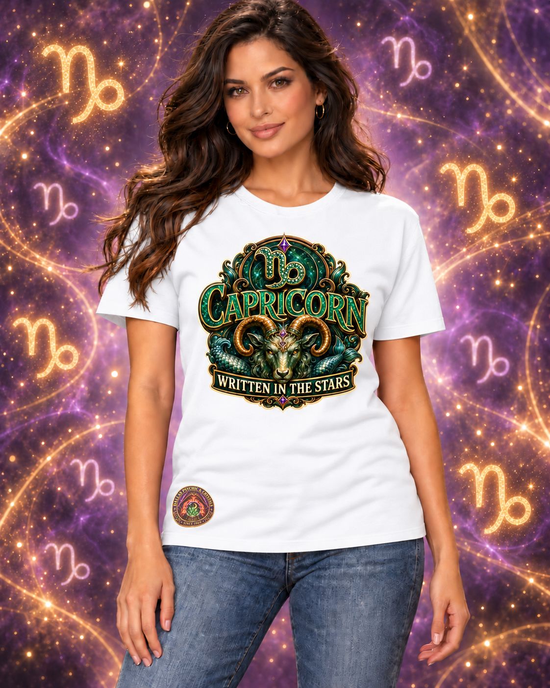 White Capricorn zodiac crew-neck T-shirt, front view with “Written in the Stars” artwork; AI-generated preview.