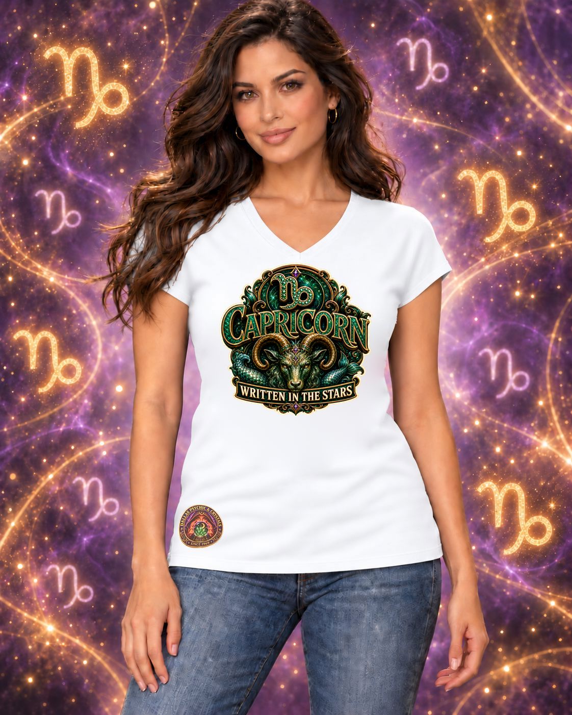 White Capricorn zodiac women's V-neck T-shirt, front view with “Written in the Stars” artwork; AI-generated preview.