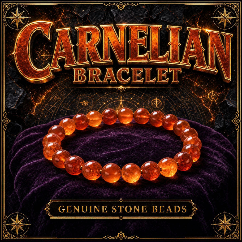 Beaded bracelet of polished carnelian stones in warm orange and deep red-amber tones.