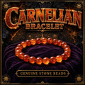 Beaded bracelet of polished carnelian stones in warm orange and deep red-amber tones.