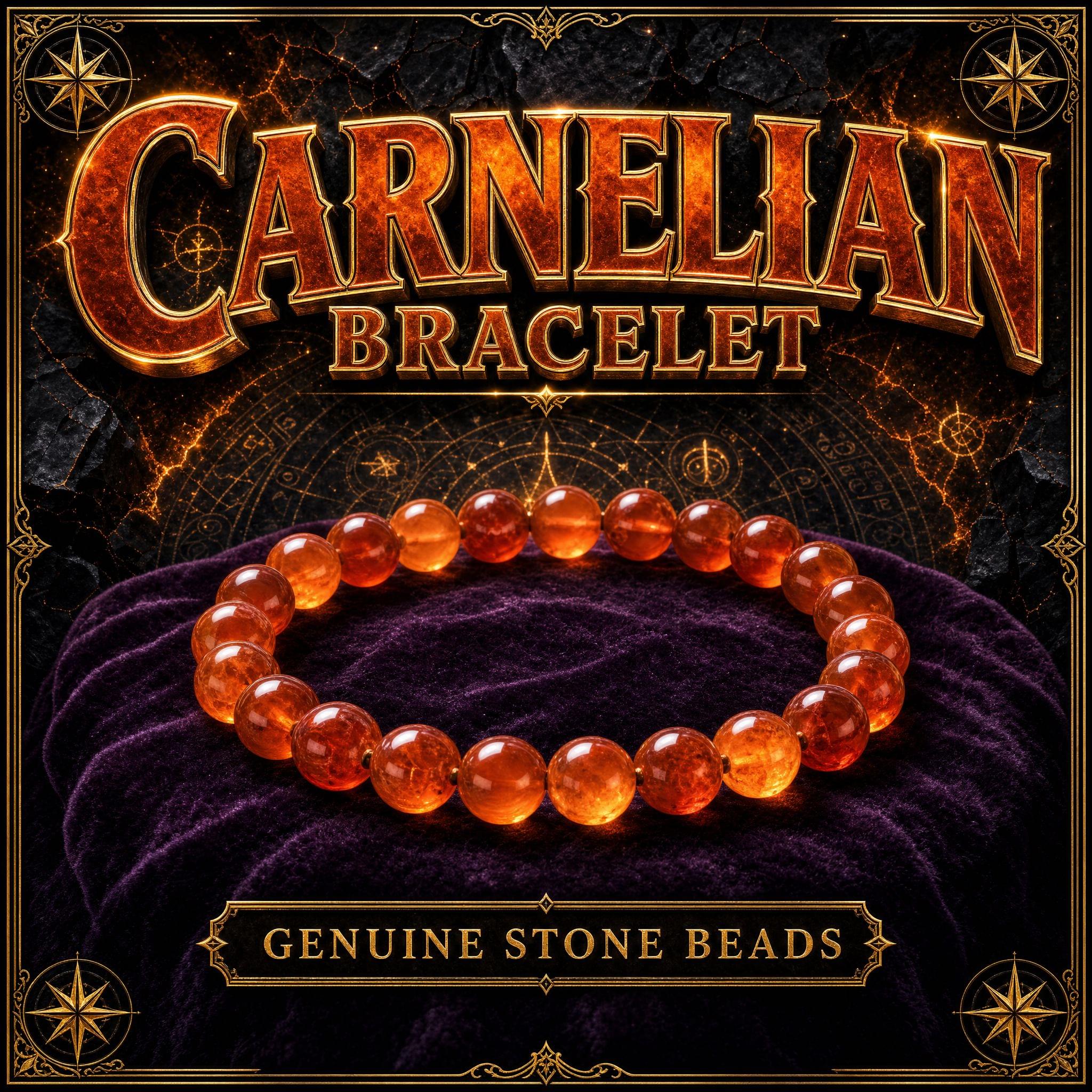 Beaded bracelet of polished carnelian stones in warm orange and deep red-amber tones.