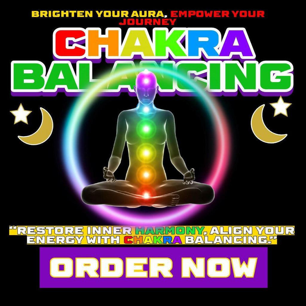 Chakra balancing banner with a seated meditating figure showing the seven chakras glowing in rainbow colours along the spine.