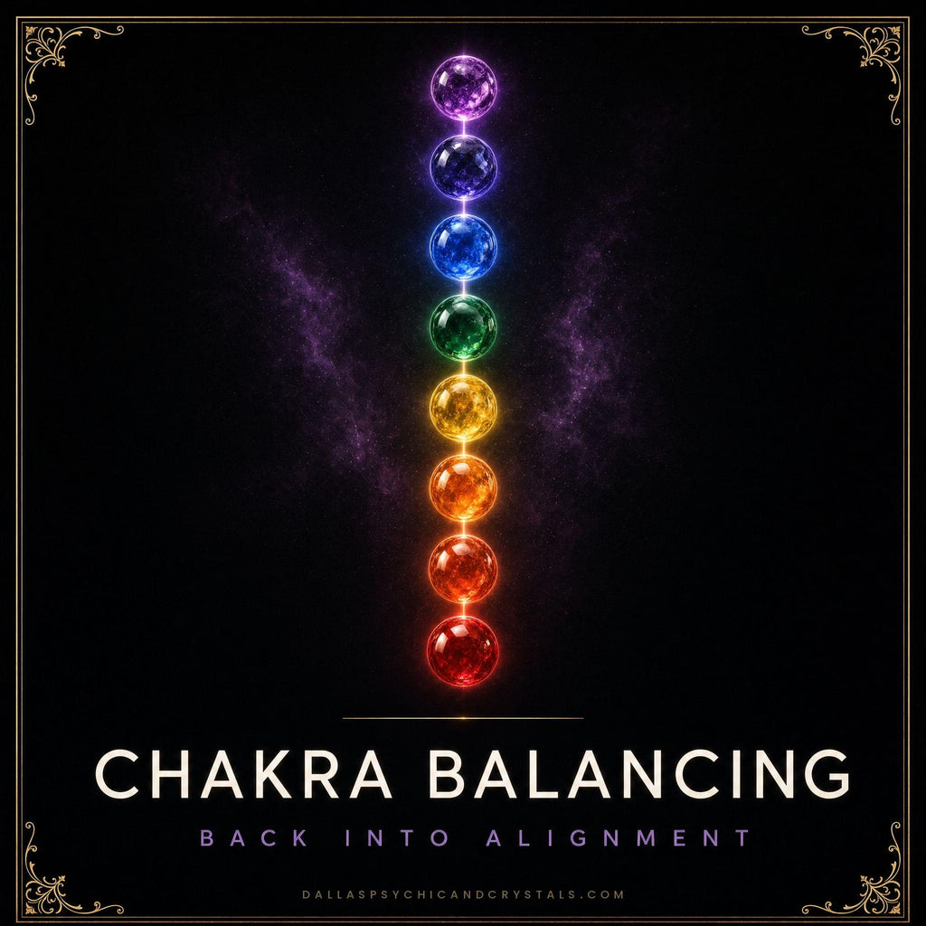 Chakra Balancing emblem: seven glowing gemstone spheres in a vertical column from red to violet, framed in gold on deep black, captioned back into alignment.